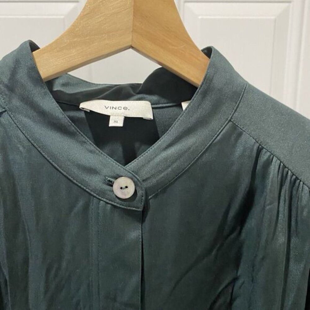 VINCE Women's Silk Mandarin Collar Button Down Shirt XL Green Belt Pockets - Picture 8 of 10